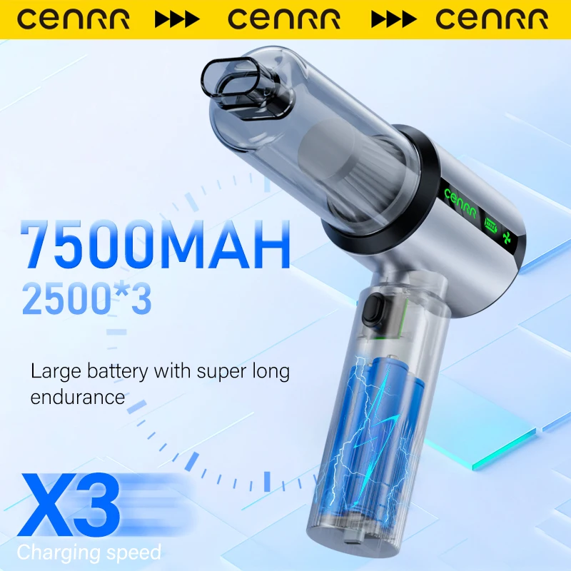 CENRR New Wireless Mini Car Vacuum Cleaner Powerful Portable HandHeld Car Cleaner LED Power Display Gift Lamp Air Gun  7500mAh