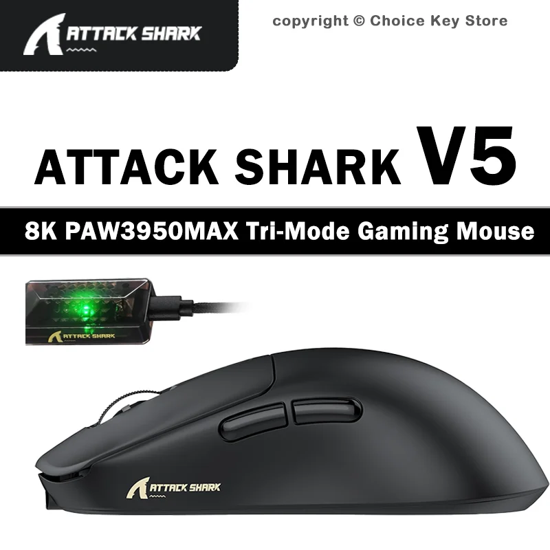 ATTACK SHARK V5 Wireless Gaming Mouse PAW3950MAX 42000 DPI 8000Hz Tri-Mode Bluetooth Wired 55g Ultra-Light Professional Mouse