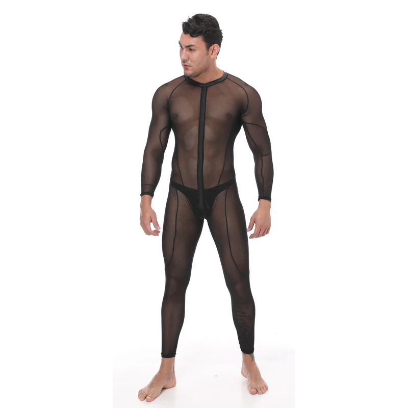 Erotic Costumes Men Spandex Full Body See Through Stitching Jumpsuits Men Sexy Strengthy Zentai Suits Gay Sex Suits