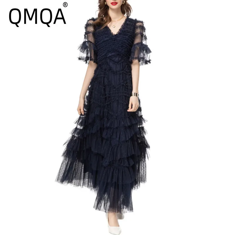 

QMQA Fashion Women's Elegant Dress V-neck Short Sleeved Ruffled Spliced High Waist Mesh Dresses 2025 Summer New Clothing QM356