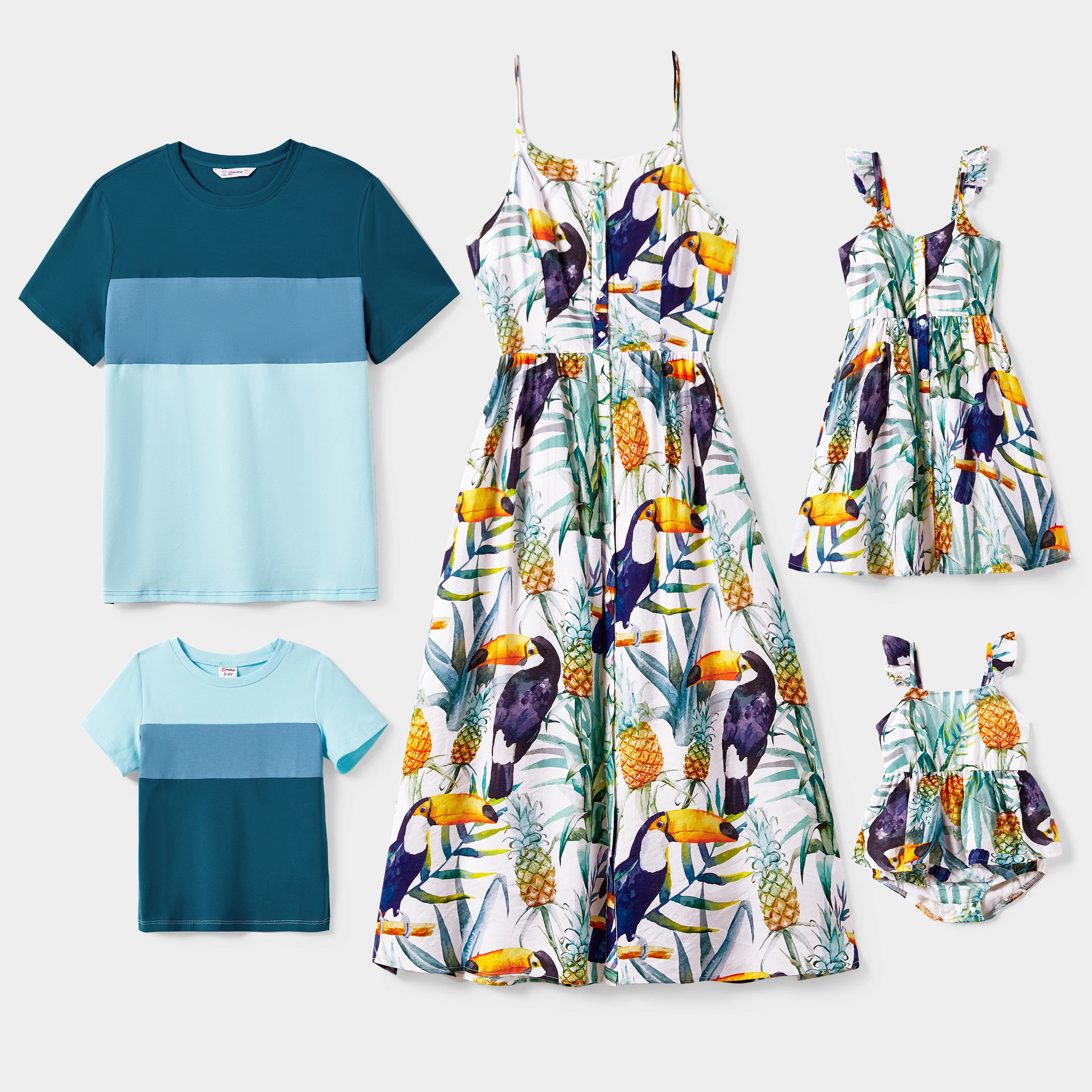 PatPat Family Matching Colorblock T-Shirt and Pineapple Pattern Button Up Strap Dress Sets