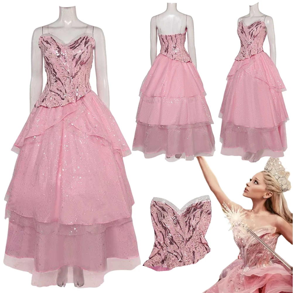 2024 Movie Wiked Glinda Fantasia Cosplay Costume Women Pink Skirt Dress Set For Women Disguise Halloween Party Elegant Outfits