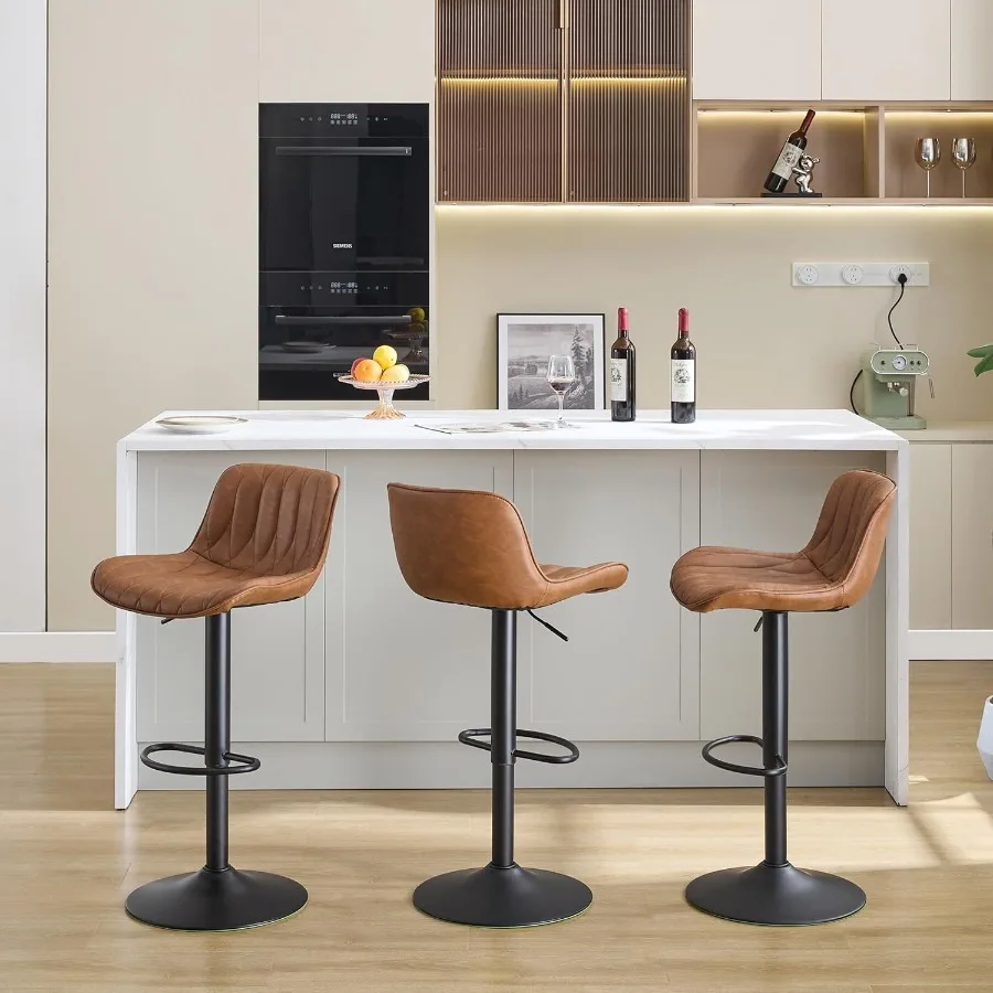 Set Kursi Bar Putar 3 Buah Warna Cokelat, Kursi Bar Tinggi Model Counter dengan Sandaran, Kursi Bar yang Dapat Disesuaikan 2533, Kursi Bar Modern Berbahan Kulit Imitasi