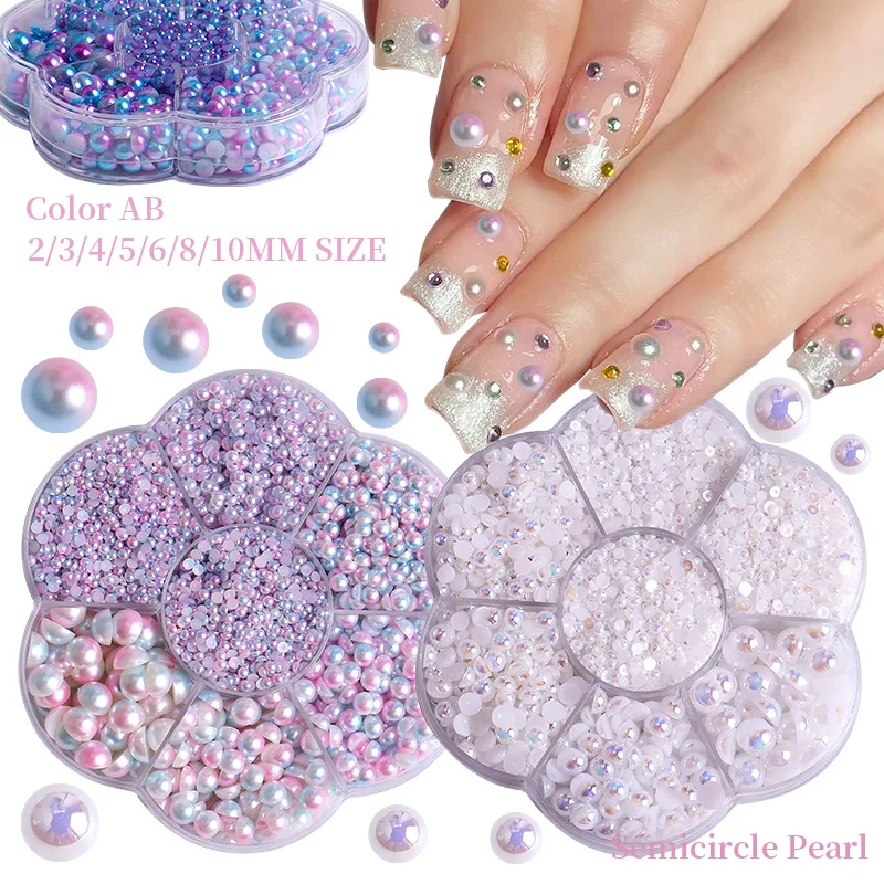 1 Doos Effen Kleur Nagel Bedels Halve Parels 3d Nail Kralen Strass Mix Maten Nail Art Decoratie Nagel Benodigdheden Voor Professionals