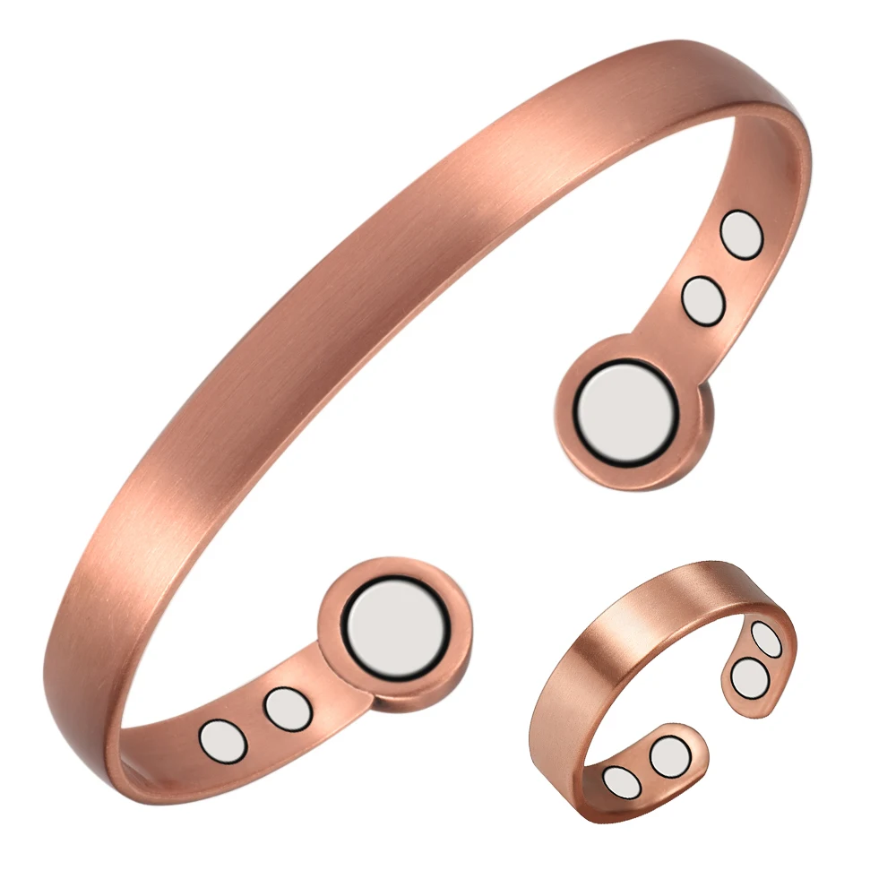 Wollet Copper Bracelets Rings Set for Women Men, Copper Bracelet Ring with Magnets Adjustable Fashion Jewelry Gift