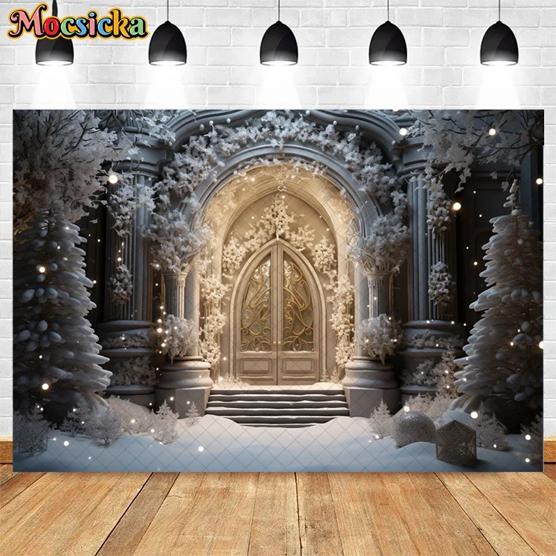 Fondo de puerta de castillo de Navidad para niños y adultos, decoración de copo de nieve, árbol de Navidad blanco, cartel de fondo de foto de retrato