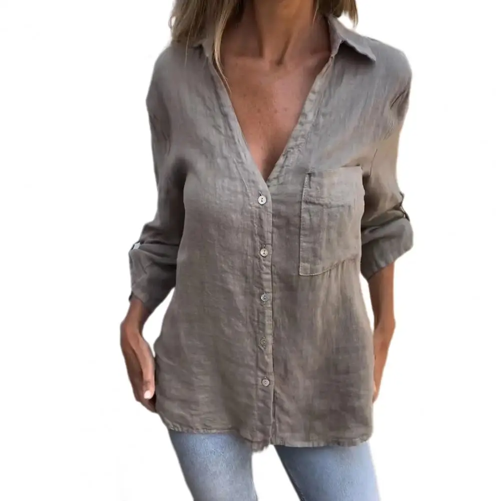 Button Down Shirt Tops Stylish Women's V-neck Button Down Shirt with Patch Pocket Casual Lapel Long Sleeve Top for Regular Fit