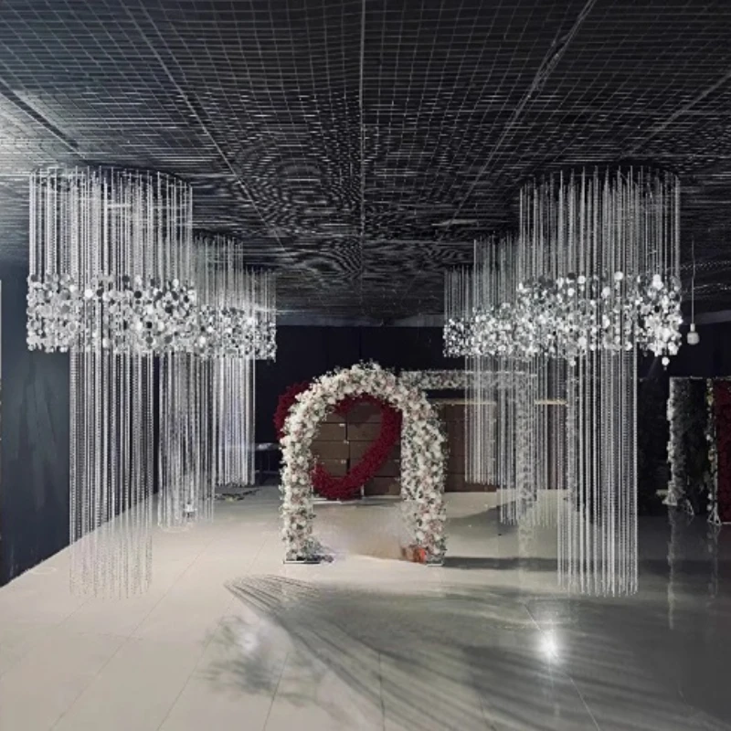 

3pcs Wedding Hall Circular Chandelier Pendent Ceiling Stage Bead Chain Backdrops Decor Flower Archsequins Aisle Guide Props