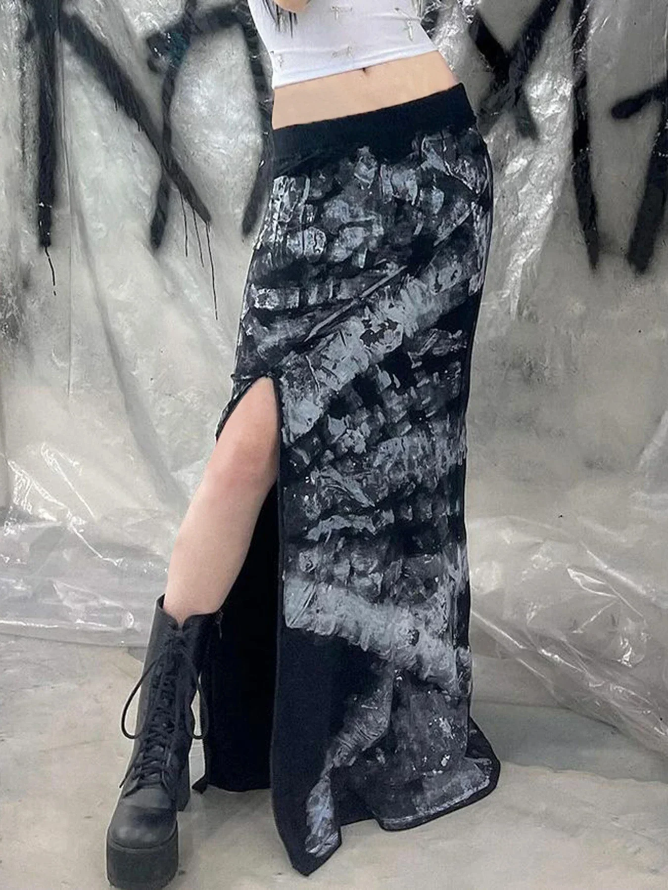 Dark Style Signature Print with Side Slit Skirt, Women's High Waisted Slim and Sexy Versatile Long Skirt