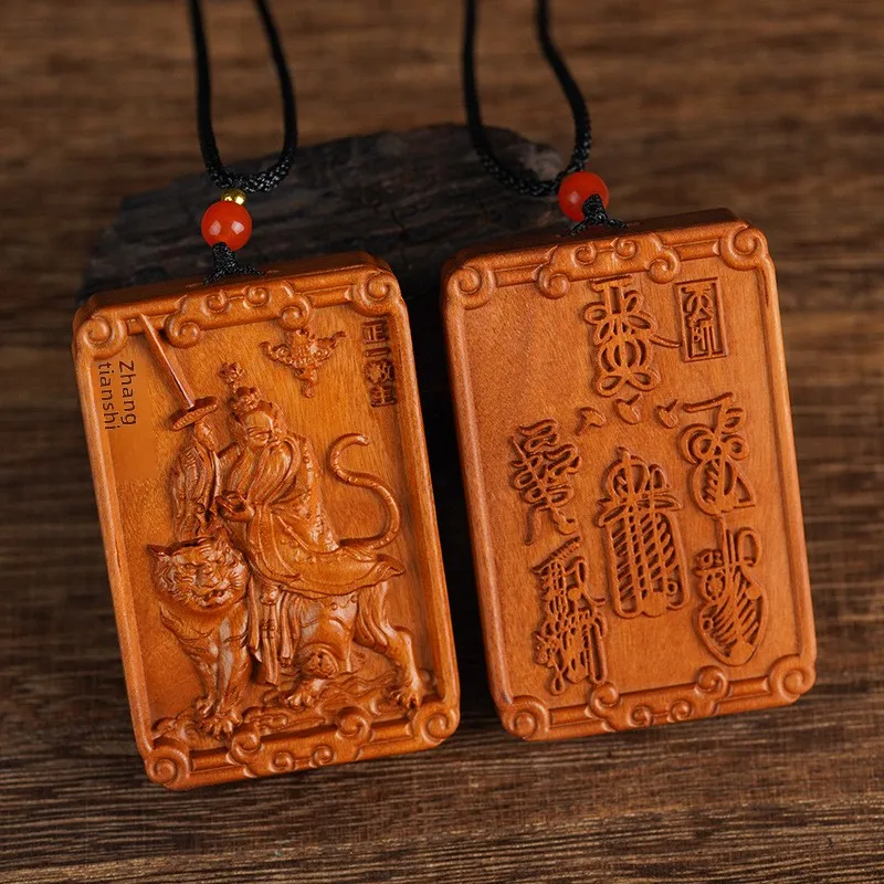 Chinese Jujube Wood Hand Carved Zhang Tianshi Riding Tiger Taoist Pendant Necklace Amulet For Luck Wealth Blessing Fortune Gift