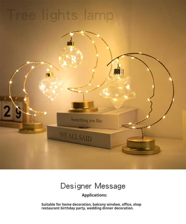 GGbingLED Light Moon Shape Design Home Decoration Star Light Indoor Ornament Small LED Night Lamp Heart Iron Material for Gift