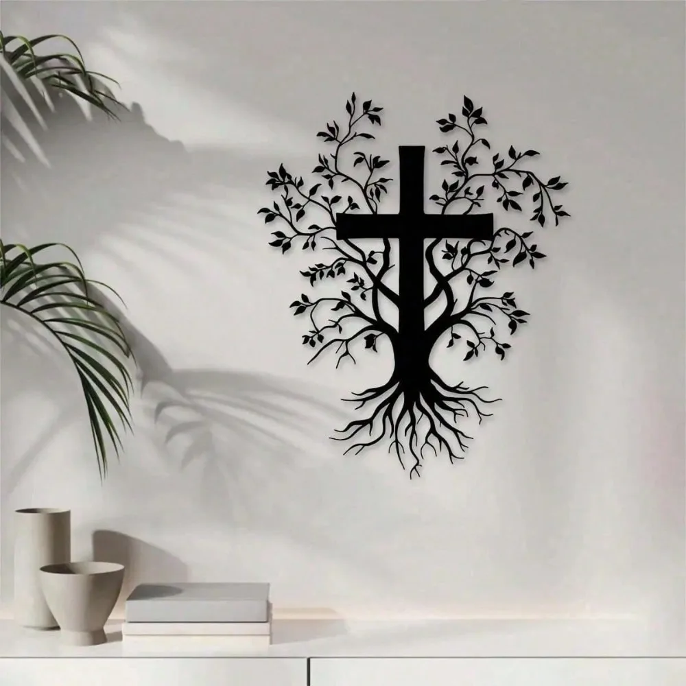 Decoração de Parede em Metal com Cruz - Design de Raiz de Galho em Ferro, Pingente Religioso para Casa, Sala de Estar, Quarto, Igreja, Decoração de Parede