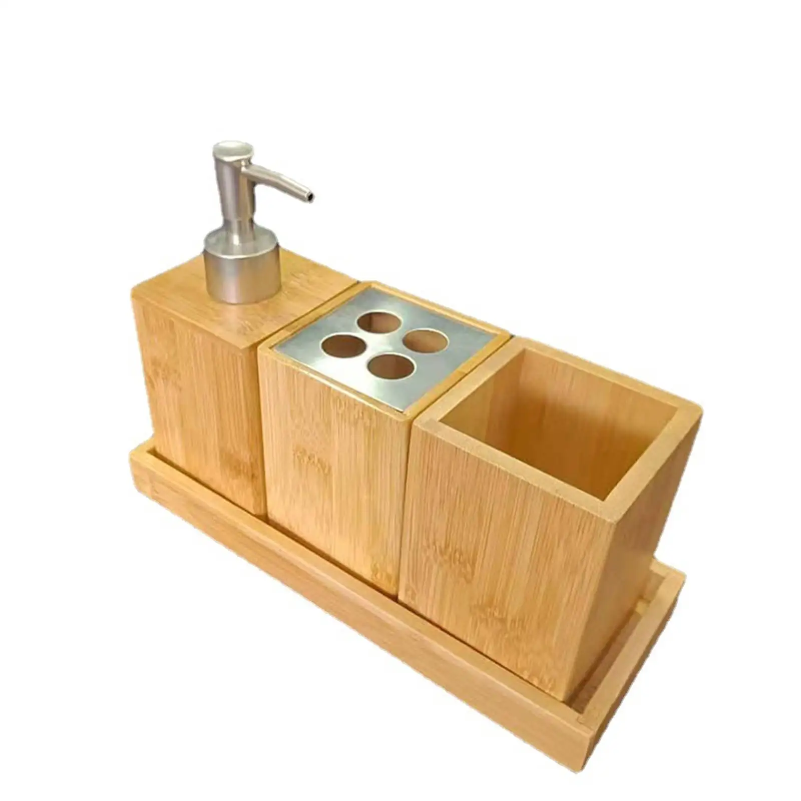 4x Bathroom Accessories Set Bamboo Organizer Toothbrush Holder Tray Mouthwash Cup for Vanity Bathroom Countertop Household Hotel