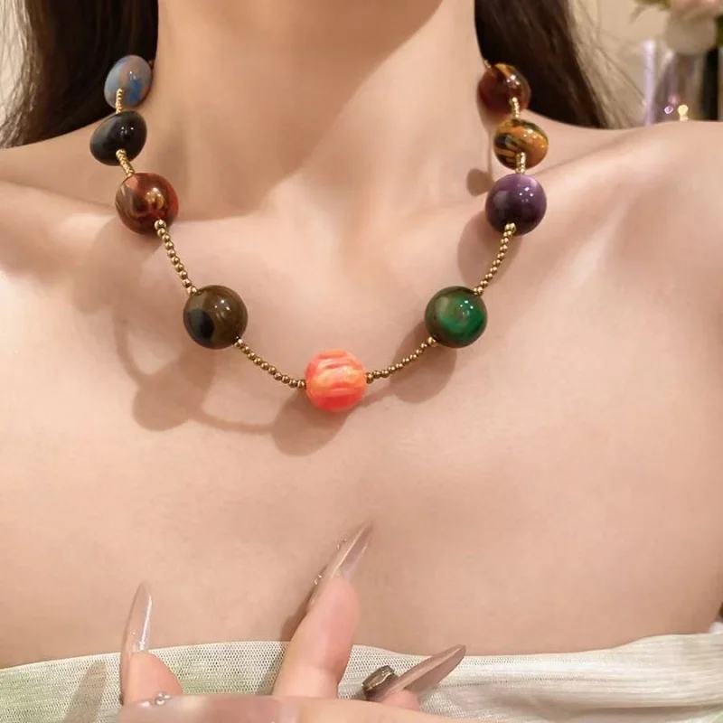Elegant Resin Crystal Necklace for Women Chinese Style round Beads Choker Fashion Jewelry Daily Versatile Accessory