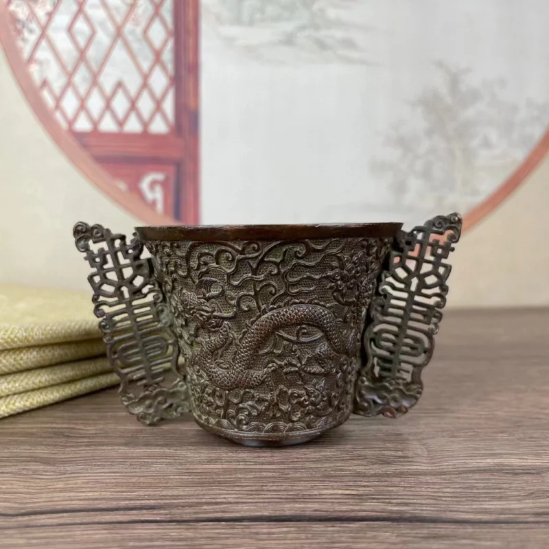 

Vintage Retro Tang Dynasty Silver Feather Cup with Dragon Pattern Engraving Silver Cup Tang Dynasty Zhen Guan Wine Cup Antique O