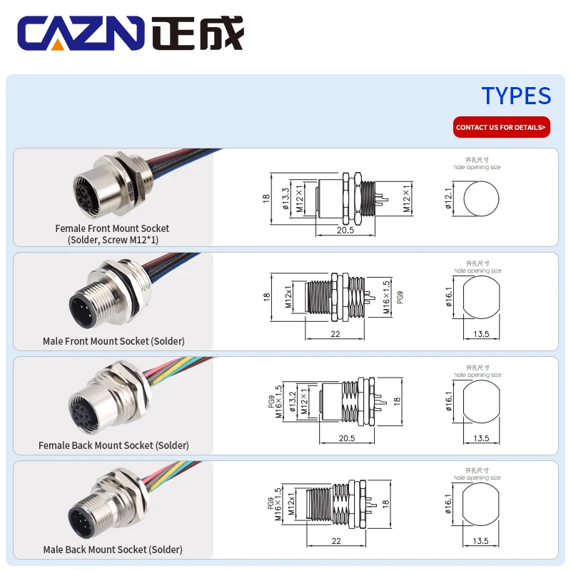 M12 Panel Male Female  Metal Front Mount Socket Solder 4 6 8 12 Pin Receptacle Straight Circular Connectors With 30cm Wires