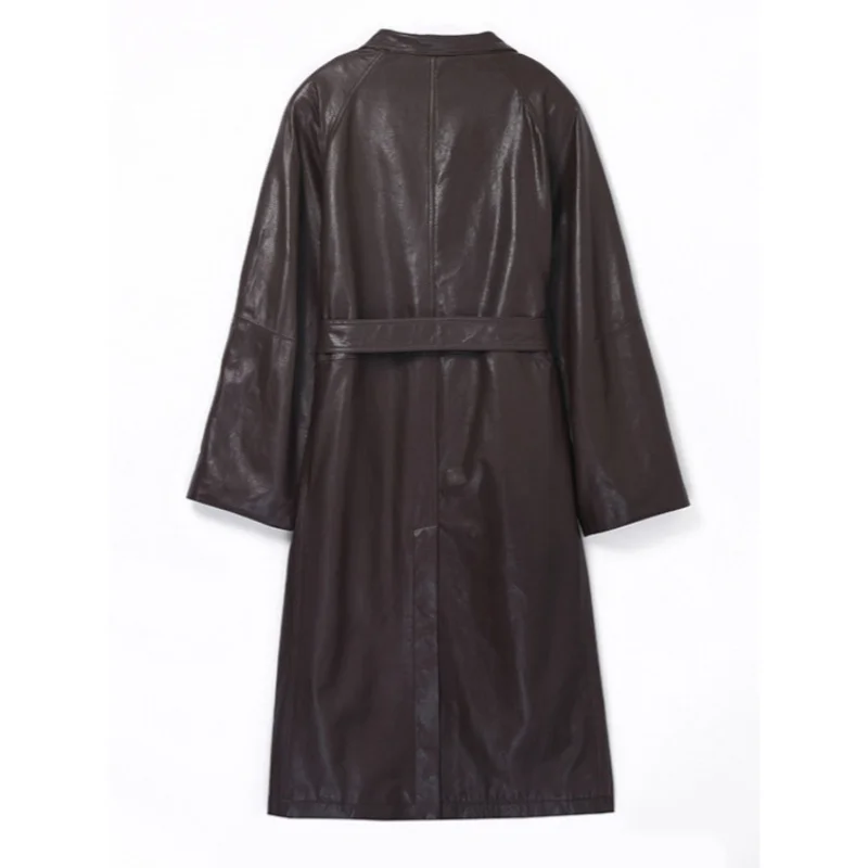 Jaqueta de couro genuíno, pele de carneiro curtida semi-vegetais, gola alta, patchwork, silhueta reparada, com cinto, ajuste solto