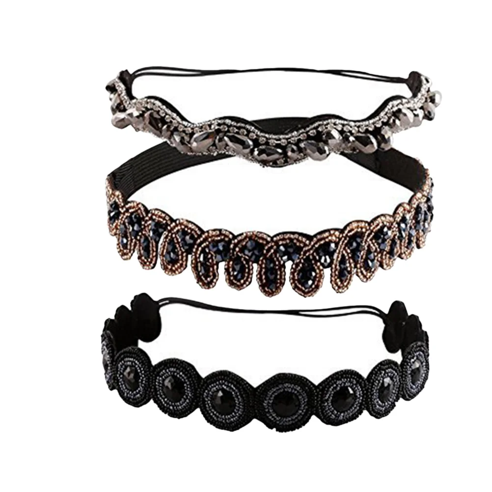 

3Pcs Crystal Rhinestone Hairbands Retro Elastic Headwraps Black Grey Blue Stylish Hair Accessories for Women Girls Spa Fitness