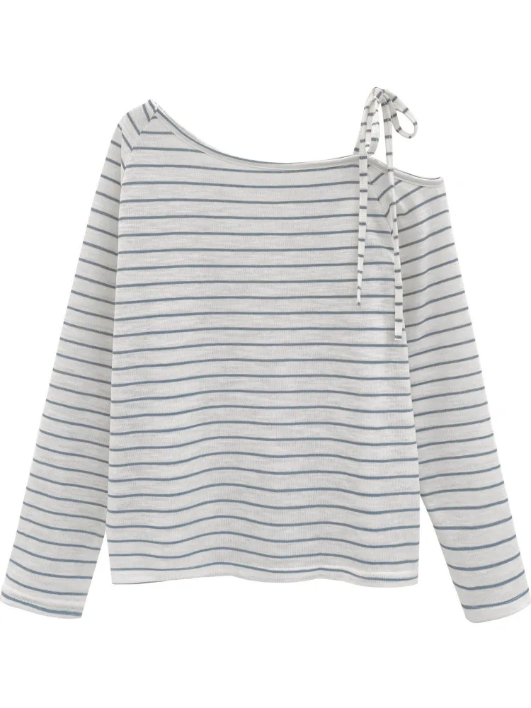 Kimotimo Stripe Bandage Off Shoulder Long Sleeve T-shirts Women 2026 Autumn New Simple Loose Versatile Tops Lazy Y2k Casual Tees