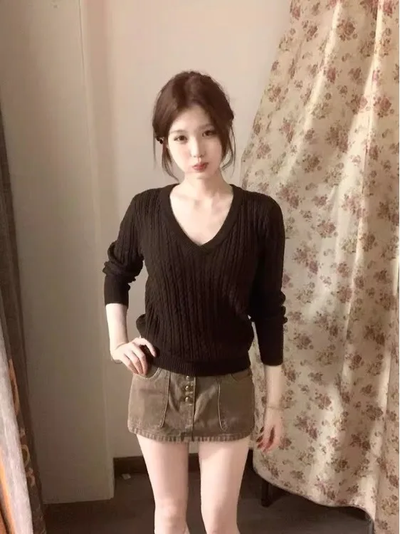 Retro sle longo sve v-ne malhas feminino fino ajuste interior usar tartaruga algodão macio outono inverno nova chegada topo