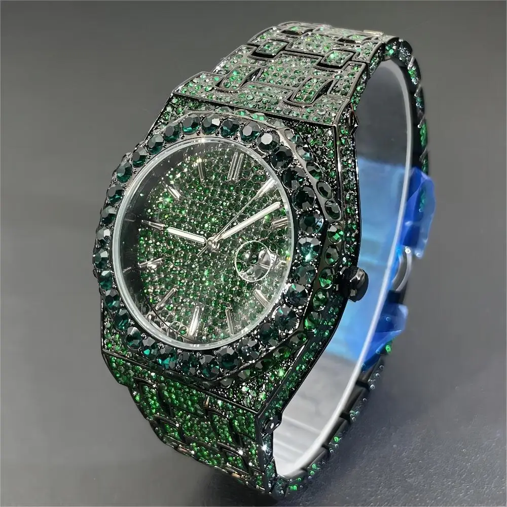 2024 New MISSFOX Hip Hop Men\'s Iced Watches Fashion Automatic Date AAA Quartz Clocks Green Diamond Jewelry WristWatch Man Reloj