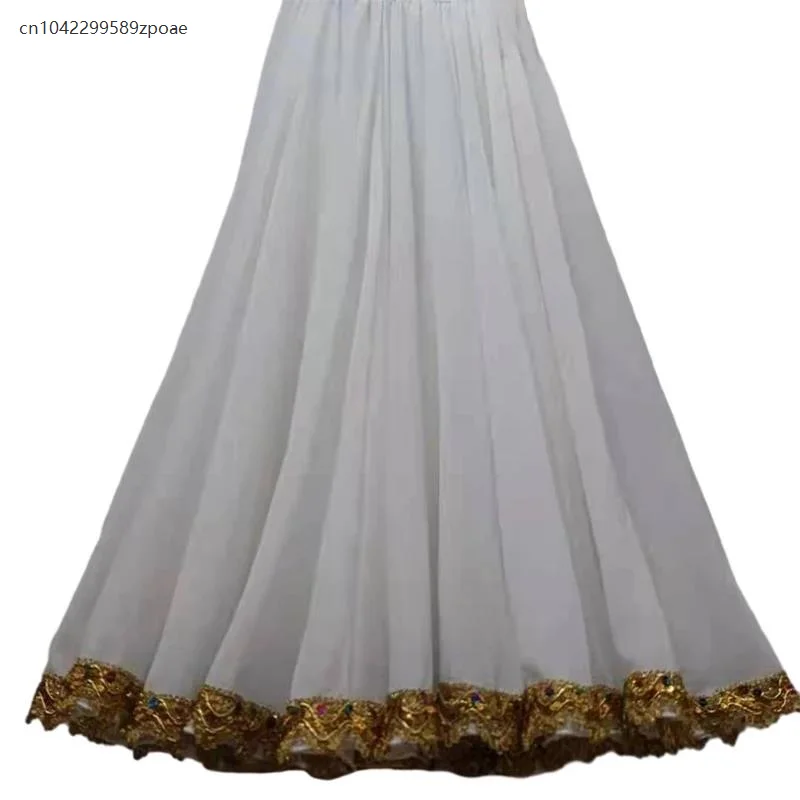 Damen 720-Grad-einfarbiger Tanzrock, spanischer Flamenco, großer Schaukel, hohe Taille, langer Rock, mexikanisches Tanzaufführungskostüm