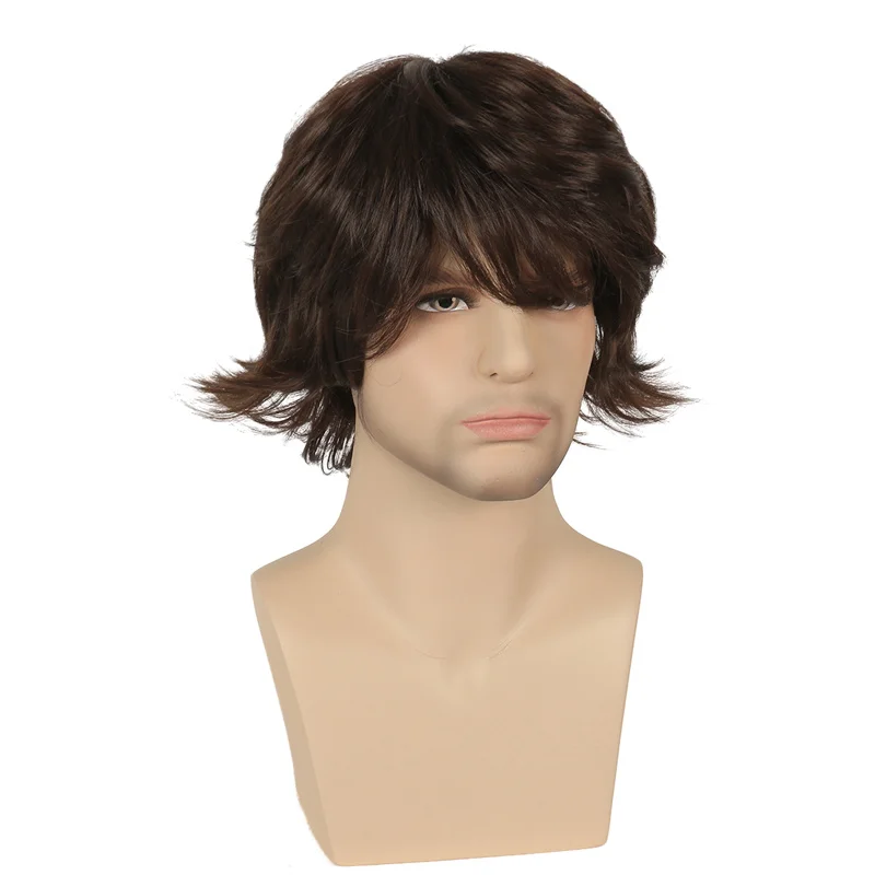 Brown Short Wig for Man  Cosplay Hair Bobo Wigs for Hero Anime Costume Full Bangs Rose Net Wig Cap