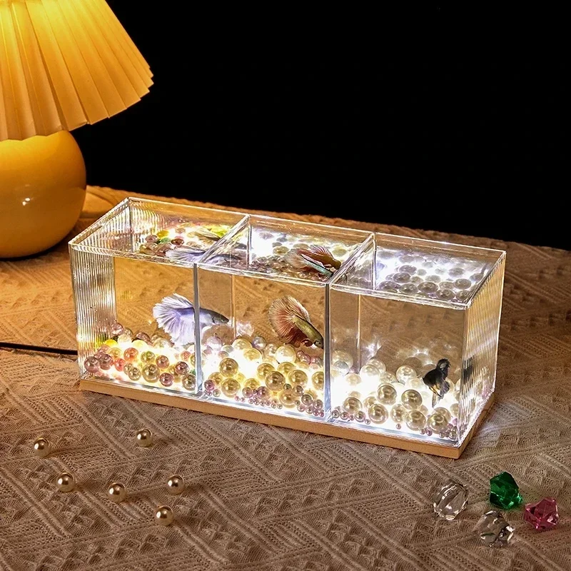 Small Illuminated Bucket Fish Tank Desktop Micro Landscape Living Room Office Mini Aquarium with Light