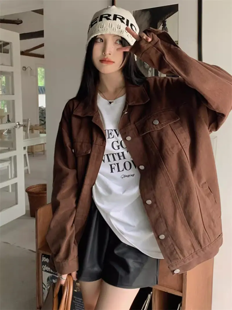 

Retro Brown Denim Jacket For Female Students Spring And Autumn 2024 New Small Workwear Casual Top Vintage Jeans Coat K1023