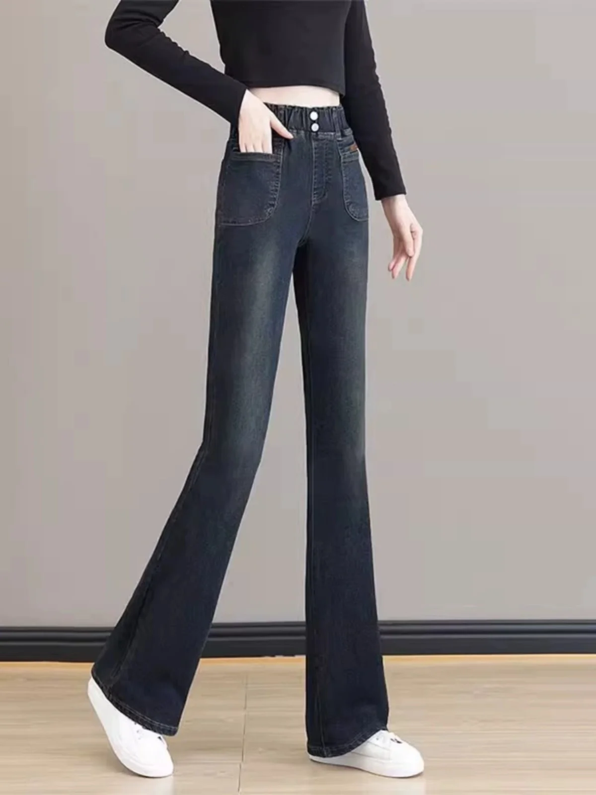 

Женские расклешенные джинсы на подкладке Fce с высокой талией, зимняя новинка, верхняя одежда из цемента, длинные брюки глубокого цвета