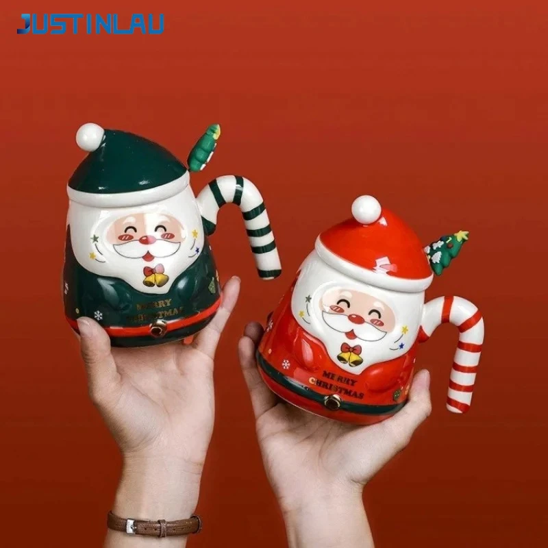JUSTINLAU 400ml Santa Claus Ceramic Mugs Cute Creative Hand‑painted Water Cup with Lid& Spoon Coffee Mug Xmas Gift for Friends