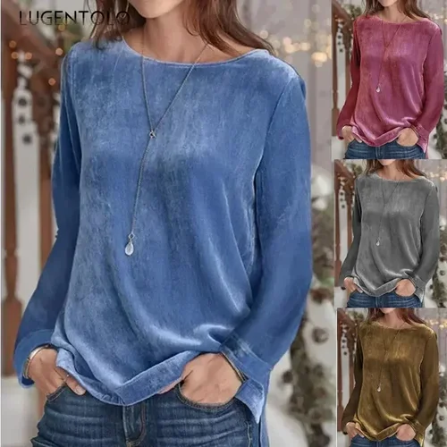 Imagen 2 del producto Camiseta de manga larga de terciopelo dorado para mujer, Tops de cuello redondo sueltos para mujer, moda de primavera y otoño