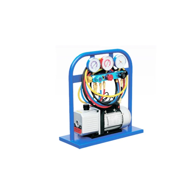 Air Conditioning Refrigerant Charging Recovery Station Set Dual Stage Vacuum Pump 2CFM 5 Valve Manifold Gauge Vacuum Meter
