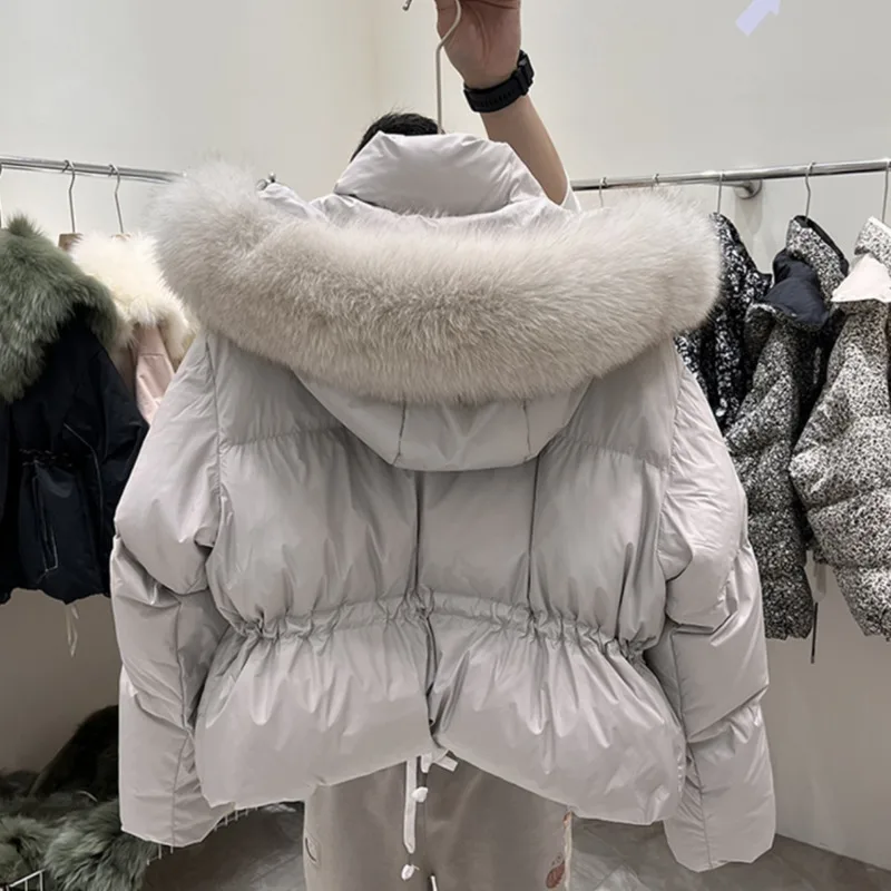 2023 Women Winter Fashion White Duck Down Jackets Female Real Big Fur Collar Hooded Coats Ladies Short Loose Overcoats