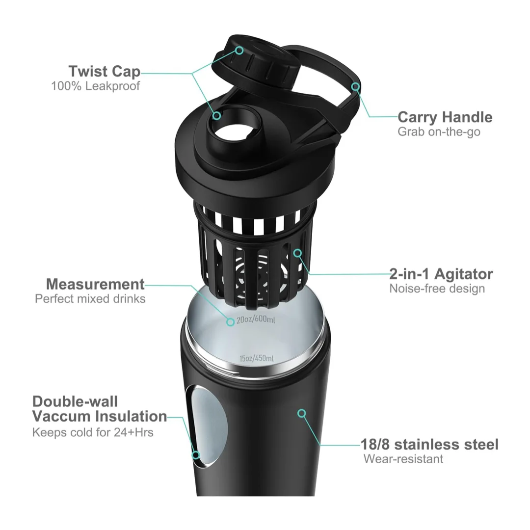 携帯用25オンスステンレス鋼シェーカーボトル、ジムフィットネスプロテイン二重壁真空断熱シェーカーボトル（スポーツ用）
