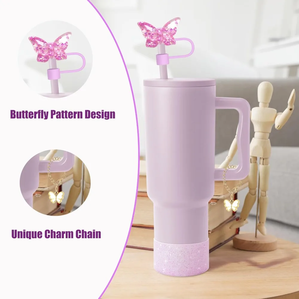 3Pcs Silicone Silicone Straw Cover polychromatic Butterfly Chain Straw Cup Dustproof Cap Personalized Decorations Dust Plug