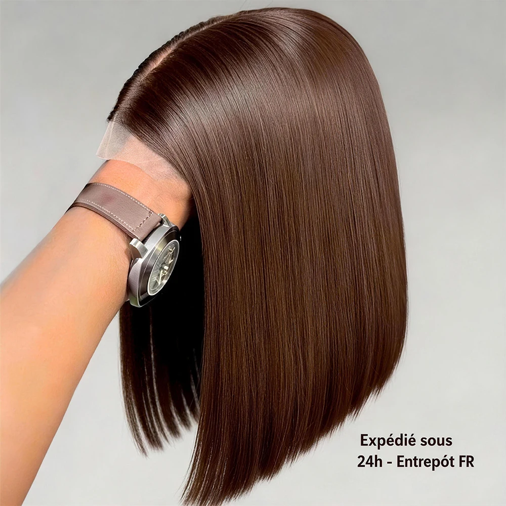 Kleberlose schokoladenbraune, glatte, kurze Bob-Perücken mit 13x4 HD-Spitzenfront, 16 Zoll, vorgezupft, 100 % Echthaarperücken, Versand aus FR-Lager für schwarze Frauen