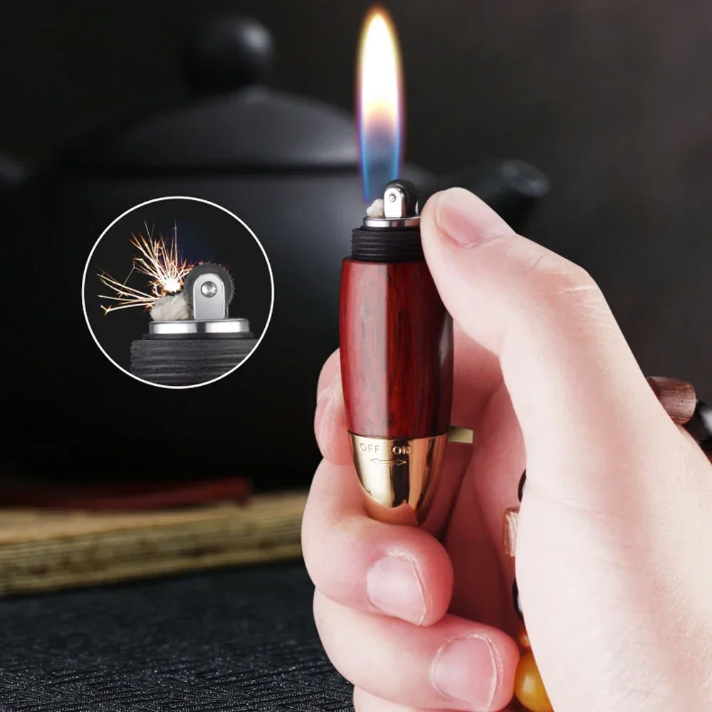 Sandalwood Kerosene Lighter Creative Mini Keychain Grinding Wheel Gasoline Flint Lighter With Flashlight Gift For Men