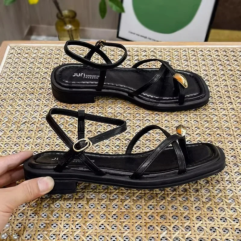 Heeled Sandals Shoes Women\'s Black Beach New Summer 2024 Girls Low Comfort Sports Casual Solid