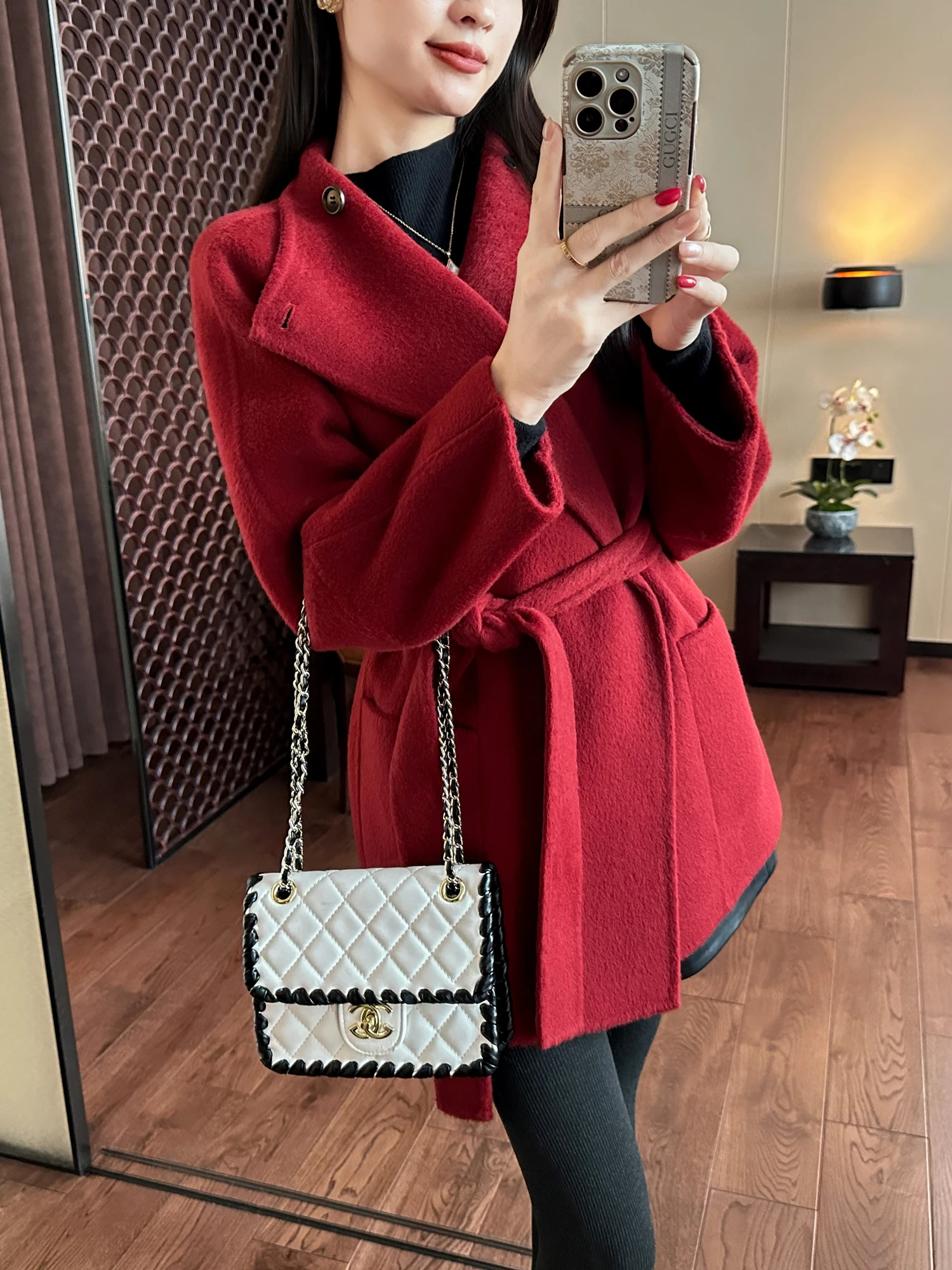 

Модное женское шерстяное пальто для ранней весны, красное, с высокой талией, утепленное, с длинными рукавами, воротником-стойкой