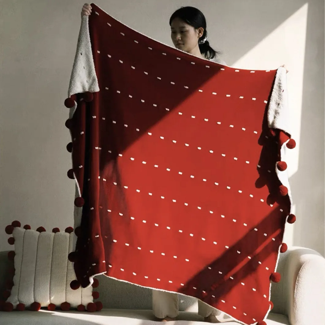 Soft Flannel Blanket with Hairball Warm Fleece Plush Cover for Bed Sofa Decor Office Lunch Breaking Nap Wedding Christmas Gift