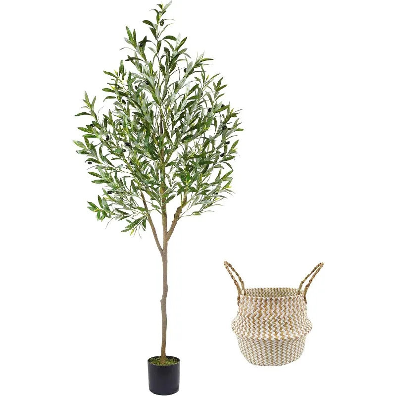 Artificial Olive Tree, 4ft Tall Fake Olive Leaves Plant with Basket, Indoor Outdoor Faux Olive Topiary Silk Tree for Home