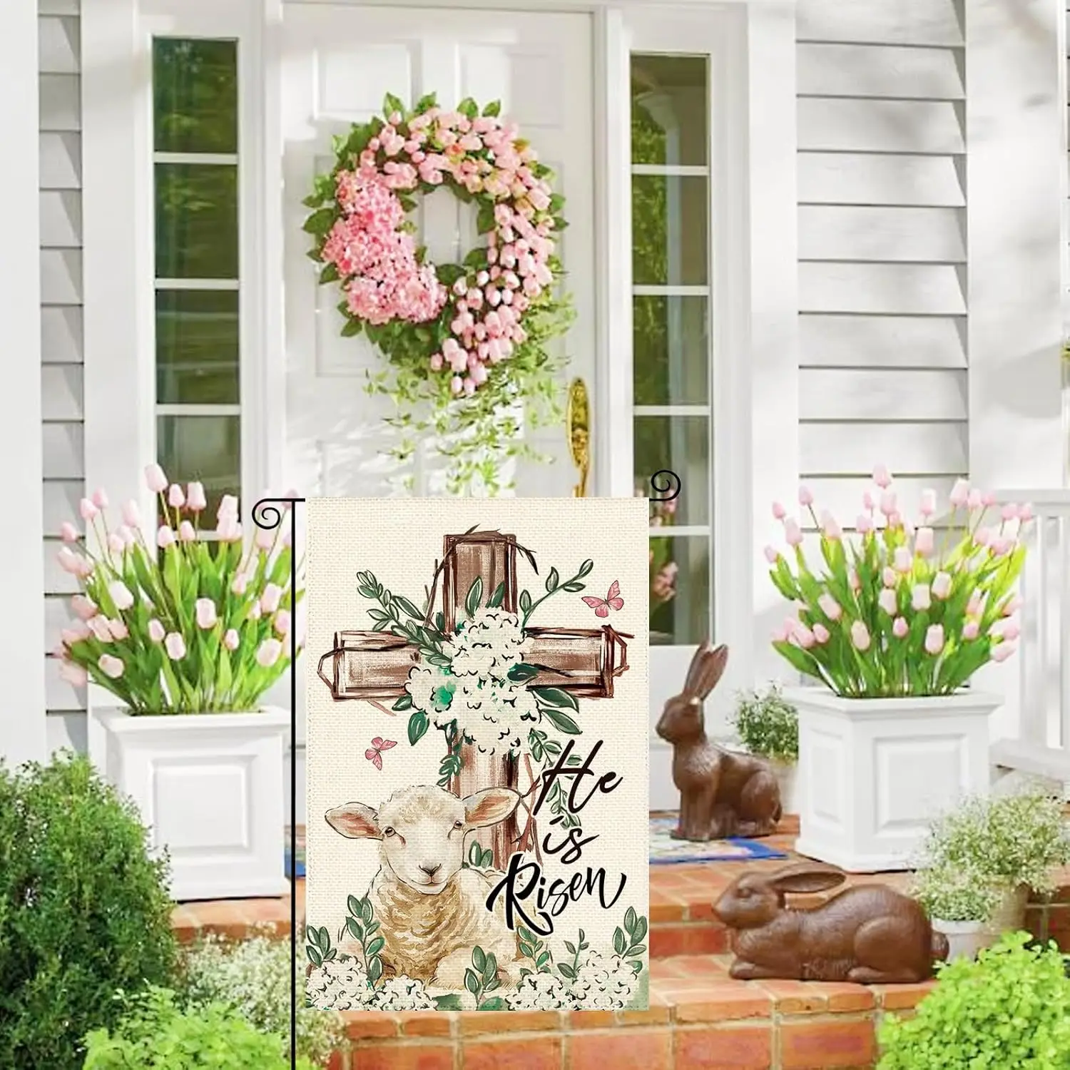 Easter He Is Risen Lamb Welcome Garden Flag 12 x 18 Inch Double Sided, Spring Cross Hydrangeas Flower Burlap Small Yard Flag EEZ