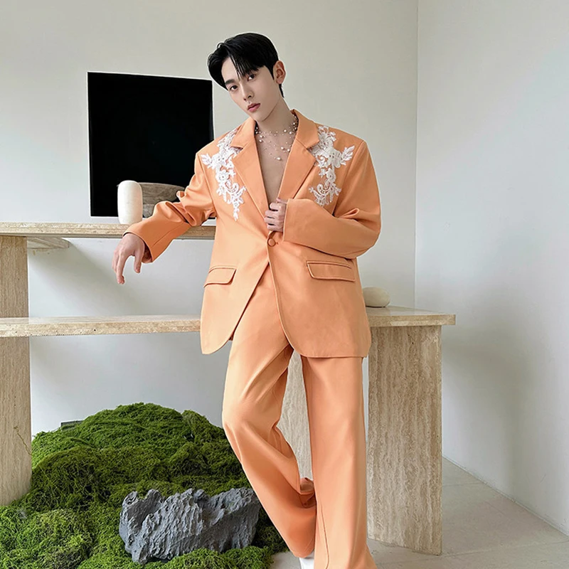 WTHT Trendy 2026 Summer Men's Suit Spliced Lace Embroidery Blazer Coats Casual Wide Leg Straight Pants Set Male 2A2862