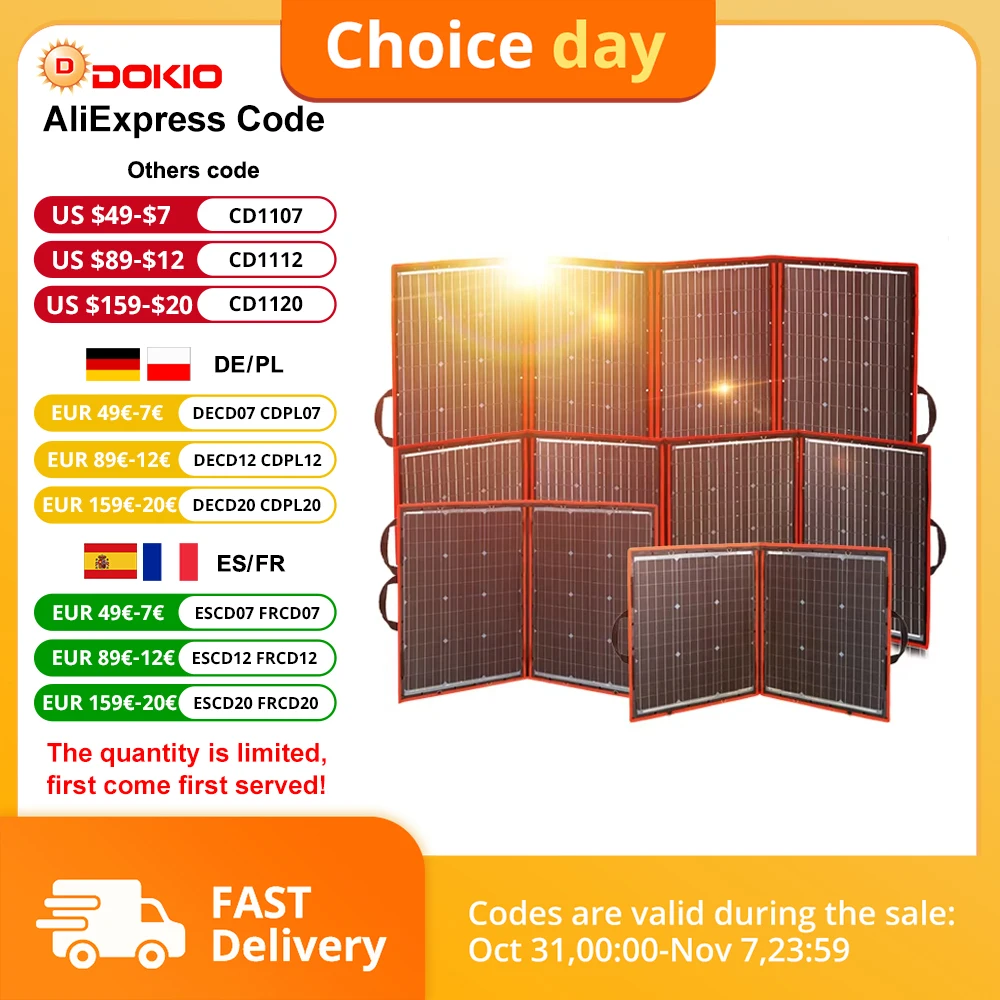 

Dokio Flexible Foldable 18V Solar Panel High Efficience Travel & Phone & Boat Portable 12V 80-295w Solar Panel Kit