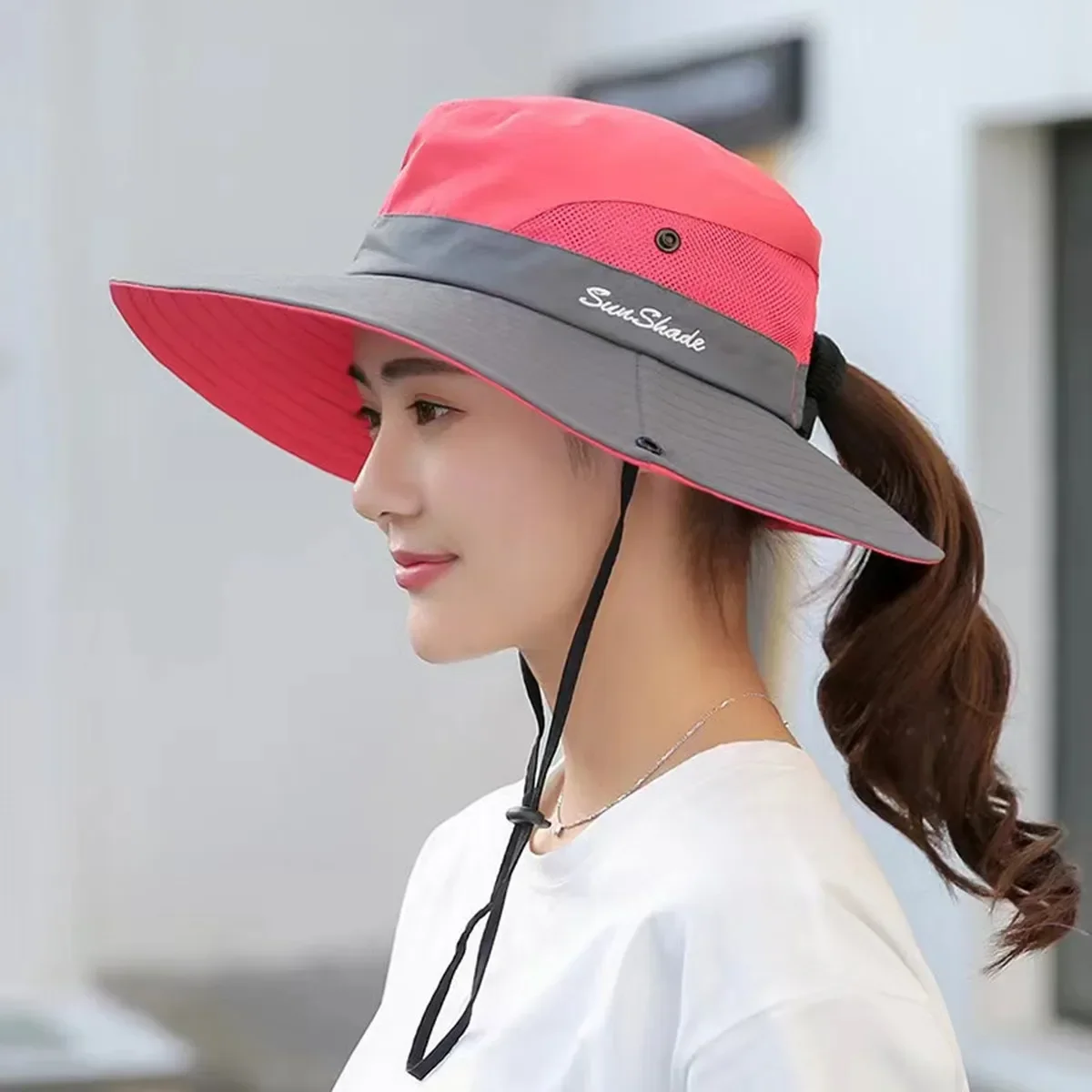Outdoor-Angelhut mit großer Krempe und Pferdeschwanz für Damen, schnell trocknend und Sonnenschutz, perfekt für Strandreisen und Radfahren – Detail 4