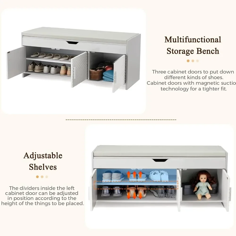 쿠션 처리된 나무 수납 벤치, 리프트 탑 신발장, 현관 벤치, 거실 장식용 조절 가능한 선반