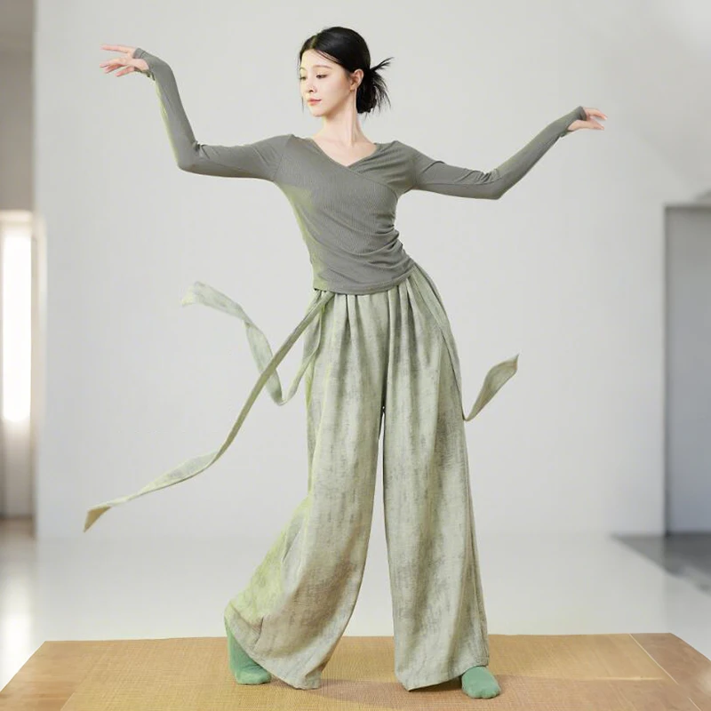 Women Classical Dance Pants Elegant Flowy Ribbon Modern Dance Practice Pant Casual Loose Wide Leg Lace-Up Tie-Dye Culottes Pants