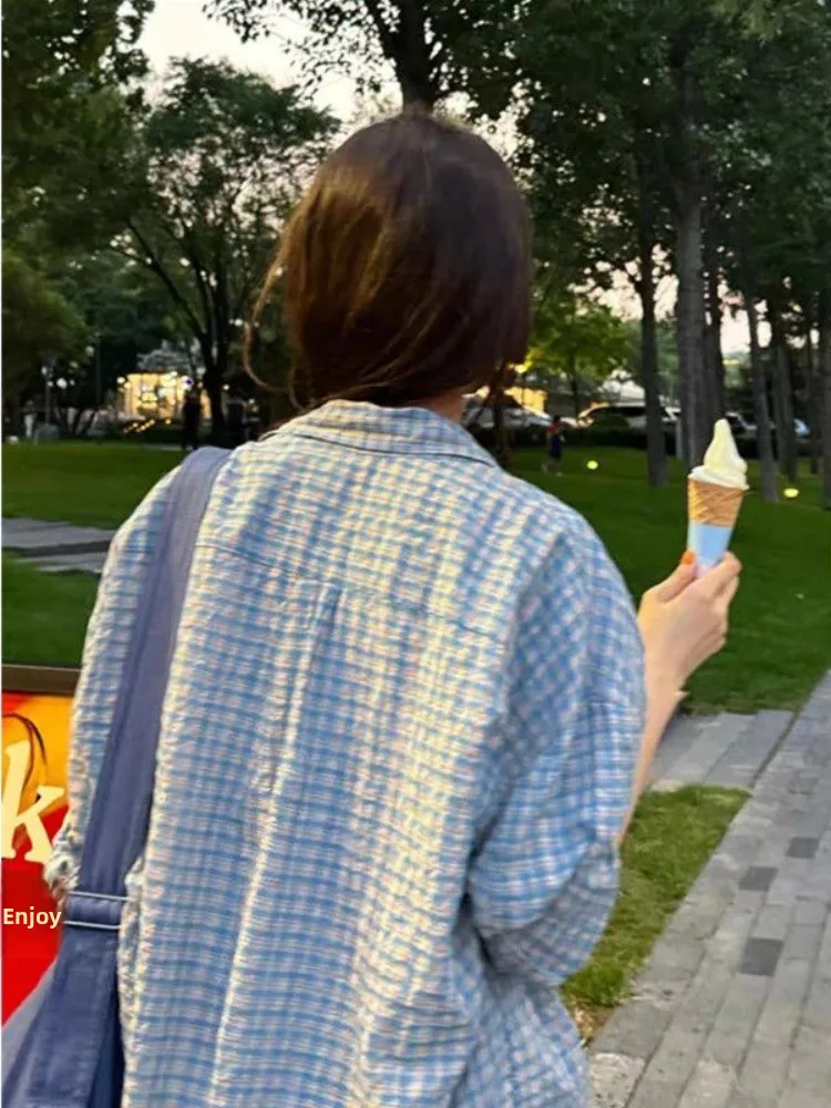 American Retro Oversize Plaid Sonnenschutz irt Damen Loose Casual Top Frühling Saison Bequem Atmungsaktiv irt