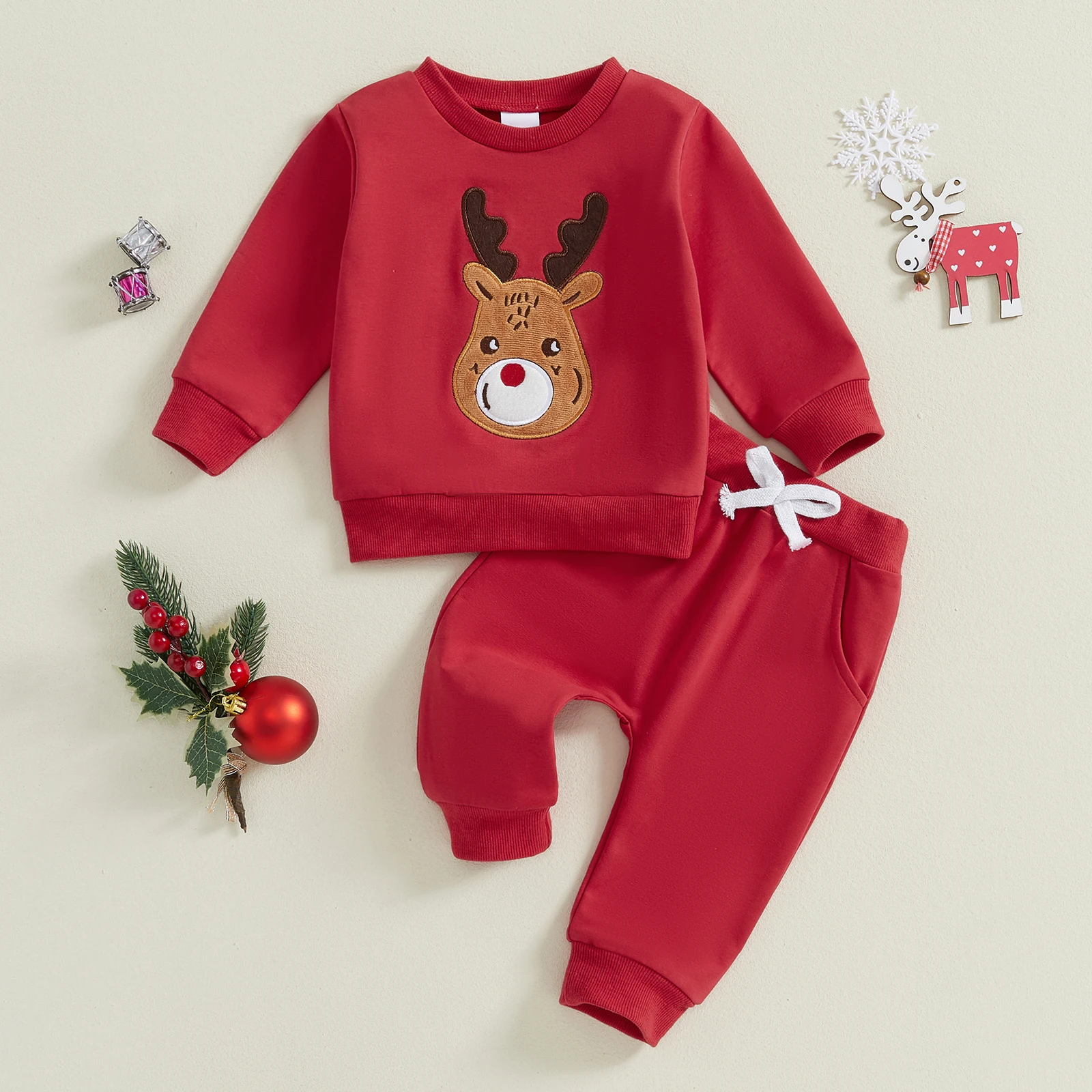 

Повседневная одежда для новорожденных девочек и мальчиков, рождественские наряды, толстовка с длинными рукавами и вышивкой оленя, штаны, детский комплект из 2 предметов